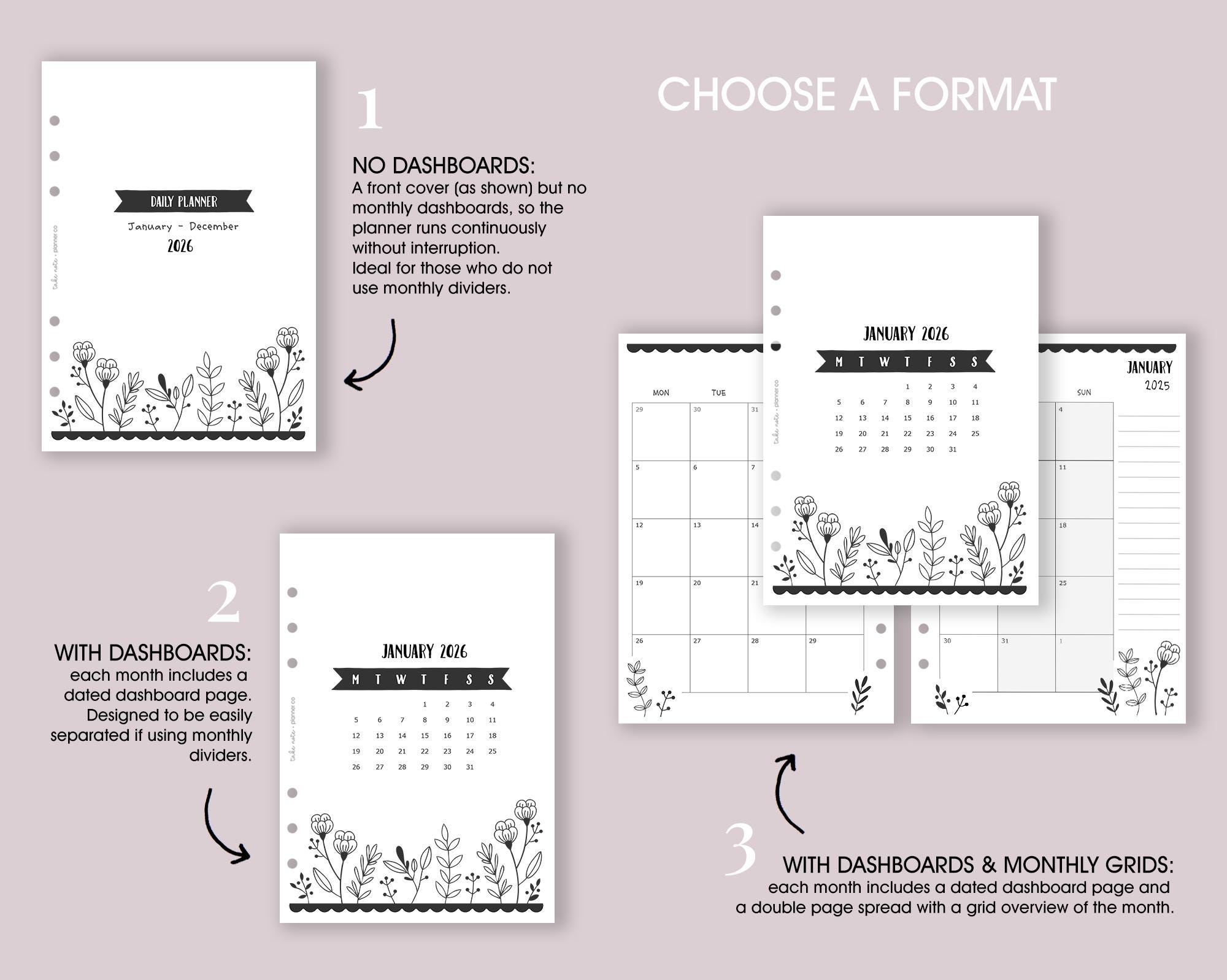DATED Daily Planner Inserts A5 | Day per Page Diary Refill [floral:day1 ...