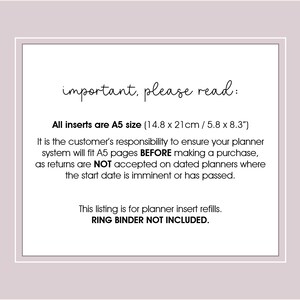 May include: A white rectangular card with text in a handwritten font, set against a light purple background. The text reads "important, please read:" and details about A5 size inserts (5.8 x 8.3 inches).