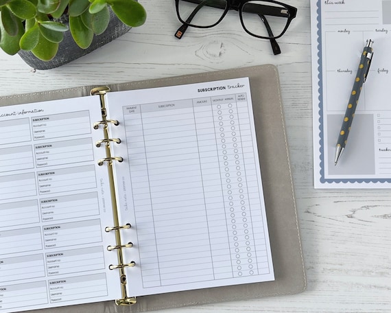 Subscription Tracker Inserts | A5 Planner Refill Pages