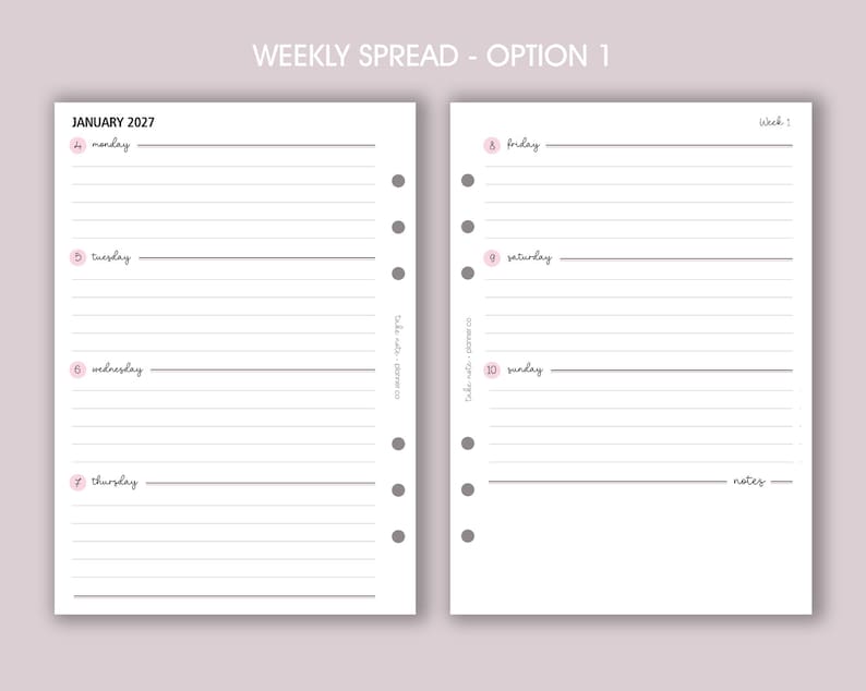 DATED Weekly Planner Inserts A5 | Diary Page Refill [classic:WEEK1] option 1