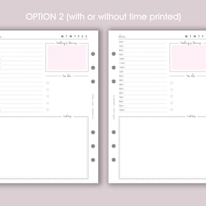 May include: A printable daily planner page with a blank space for the date, a section for "today's focus", a to-do list, and a notes section. The page is designed for use with a disc-bound planner.