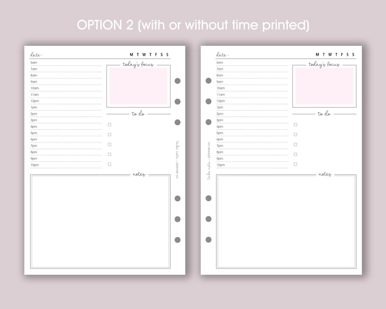 May include: A printable daily planner page with a blank space for the date, a section for "today's focus", a to-do list, and a notes section. The page is designed for use with a disc-bound planner.
