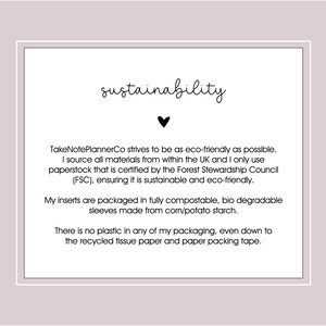 May include: Text on a white background with a black heart symbol. The text reads "sustainability" and explains the company's commitment to eco-friendly practices, including sourcing materials from the UK and using paper certified by the Forest Stewardship Council (FSC).