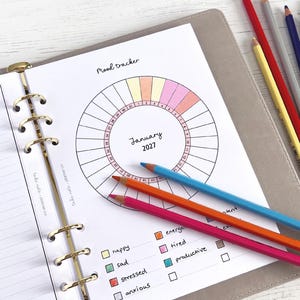 Op de afbeelding: Een planner met een stemmingsmeter voor januari 2027, met een cirkelvormige grafiek met kleurgecodeerde secties en selectievakjes. Gekleurde potloden in verschillende tinten, waaronder rood, blauw en groen, zijn rond de planner gerangschikt.
