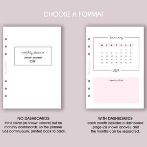 May include: Two white planner pages with text and a light pink background. The left page says "monthly planner JANUARY-DECEMBER 2027". The right page shows a January 2027 calendar and a pink box for important dates. Text at the bottom explains the format options.
