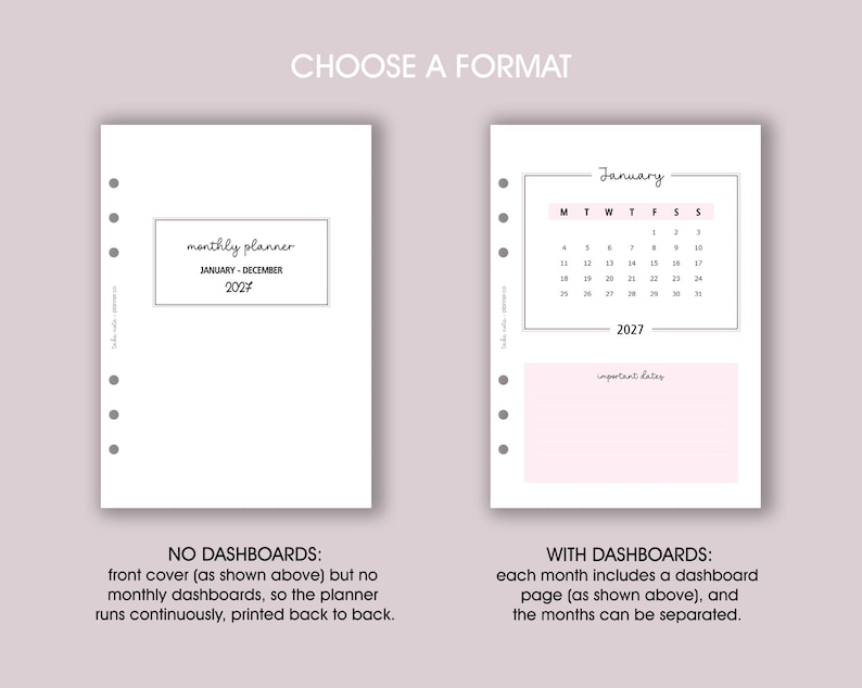 May include: Two white planner pages with text and a light pink background. The left page says "monthly planner JANUARY-DECEMBER 2027". The right page shows a January 2027 calendar and a pink box for important dates. Text at the bottom explains the format options.