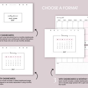 K&ouml;nnte beinhalten: Wei&szlig;e Planerseiten mit Textoptionen. Die oberste Seite zeigt "weekly planner JANUARY - DECEMBER 2027". Die zweite Seite zeigt einen Kalender f&uuml;r Januar 2027. Die dritte Seite zeigt einen Kalender f&uuml;r Januar 2027 mit einer Monats&uuml;bersicht.