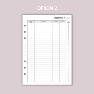 May include: A printable subscription tracker with columns for payment date, subscription name, monthly cost, annual cost, and auto-renew. The tracker has a title that says "Subscription Tracker".