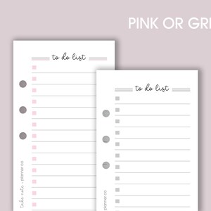May include: Two printable to-do list pages with a pink and gray theme. The pages have a "to do list" title and are designed for use in a disc bound planner.
