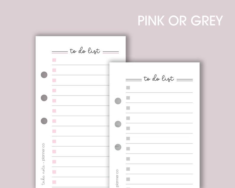 May include: Two printable to-do list pages with a pink and gray theme. The pages have a "to do list" title and are designed for use in a disc bound planner.