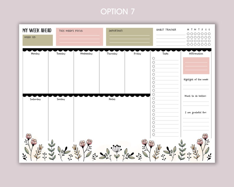 Weekly Planner A4 Deskpad Tear-Off Floral Note Pad option 7