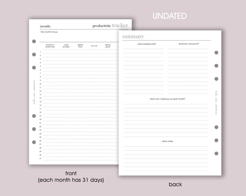 May include: An undated productivity tracker with a front and back view. The front side has a section for the month's focus and a 31-day calendar. The back side includes sections for summary, what worked well, and what can be improved.