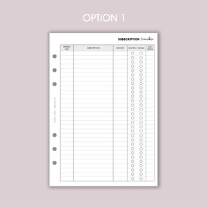 May include: A printable subscription tracker with columns for name, date, subscription, amount, monthly arrival, and auto renew. The tracker has a section for notes and a title that says "Subscription Tracker".