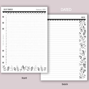 May include: A dated sleep tracker and notes page. The front page is labeled "Sleep Tracker" and "January 2024" with a dotted grid for tracking sleep patterns. The back page is for notes. Both pages have floral border designs.