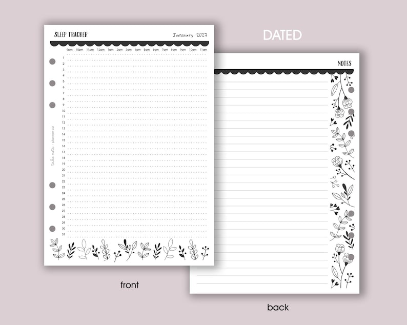 May include: A dated sleep tracker and notes page. The front page is labeled "Sleep Tracker" and "January 2024" with a dotted grid for tracking sleep patterns. The back page is for notes. Both pages have floral border designs.