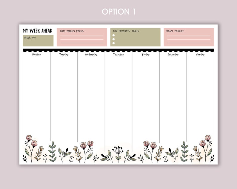 Weekly Planner A4 Deskpad Tear-Off Floral Note Pad option 1