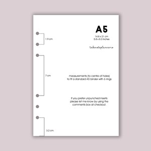 May include: White A5 planner insert with measurements in centimeters and inches. The insert is labeled "A5" with dimensions of 5.8 x 8.3 inches and 14.8 x 21 cm. Text includes "takenoteplannerco" and instructions for custom orders.