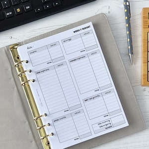 May include: A weekly budget planner with sections for income, savings, fixed expenses, variable expenses, debt repayments, social charity, and a total balance. The planner is open and lying on a white wooden surface with a calculator and a pen.
