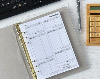 Può includere: Un planner di budget settimanale con sezioni per entrate, risparmi, spese fisse, spese variabili, rimborsi di debiti, beneficenza sociale e un saldo totale. Il planner è aperto e appoggiato su una superficie di legno bianco con una calcolatrice e una penna.