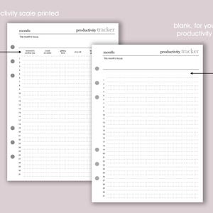 May include: Two white productivity tracker sheets with dotted lines for daily entries. One sheet is labeled "productivity scale printed" and the other "blank, for your own productivity scale". Each sheet has a section for the month and the month's focus.