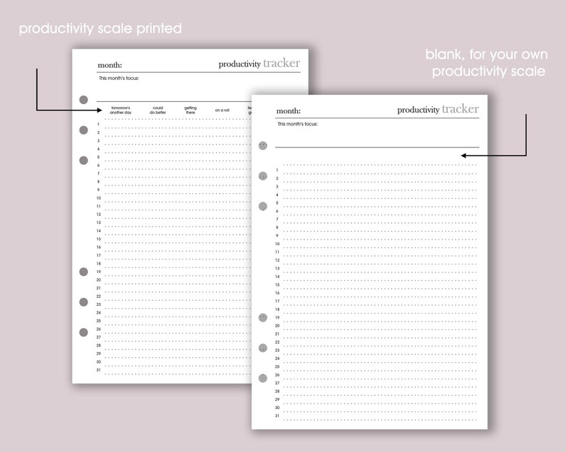 May include: Two white productivity tracker sheets with dotted lines for daily entries. One sheet is labeled "productivity scale printed" and the other "blank, for your own productivity scale". Each sheet has a section for the month and the month's focus.