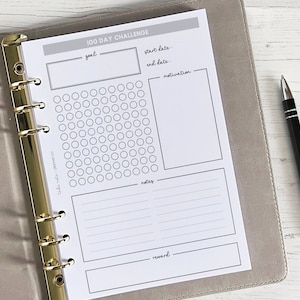 May include: A printable 100-day challenge tracker with sections for goal, start date, end date, motivation, notes, and reward.