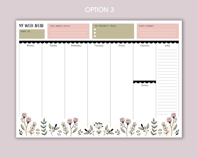 Weekly Planner A4 Deskpad Tear-Off Floral Note Pad option 3