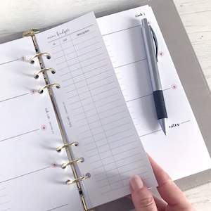 May include: A white planner with gold rings and a mini budget section. The planner has a weekly layout with a notes section. A silver pen is lying on the planner.