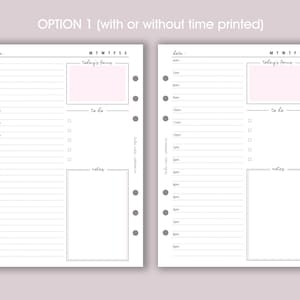 May include: A printable daily planner page with two columns. The left column has a section for "today's focus" and a section for "to do". The right column has a section for "notes". Both columns have a section for time slots from 6 am to 9 pm.