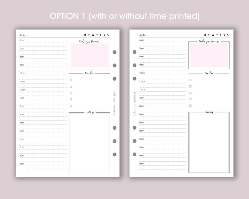 May include: A printable daily planner page with two columns. The left column has a section for "today's focus" and a section for "to do". The right column has a section for "notes". Both columns have a section for time slots from 6 am to 9 pm.