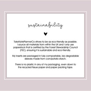May include: A framed white card with the word "sustainability" in cursive, a black heart, and text detailing eco-friendly practices. The text mentions sourcing materials from the UK, FSC-certified paper, and compostable packaging.