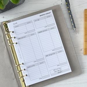May include: A white monthly budget planner with a gold binder. The planner has sections for income, savings, fixed expenses, variable expenses, debt repayments, social activity, and total incoming and outgoing. The planner also has a section for balance.