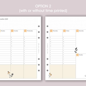 K&ouml;nnte beinhalten: Doppelseitige Planeransicht f&uuml;r November 2027 mit Wochenlayout. Jeder Tag hat st&uuml;ndliche Zeitfenster. Das Design beinhaltet florale Illustrationen und den Text "OPTION 2 (mit oder ohne Zeit gedruckt)".