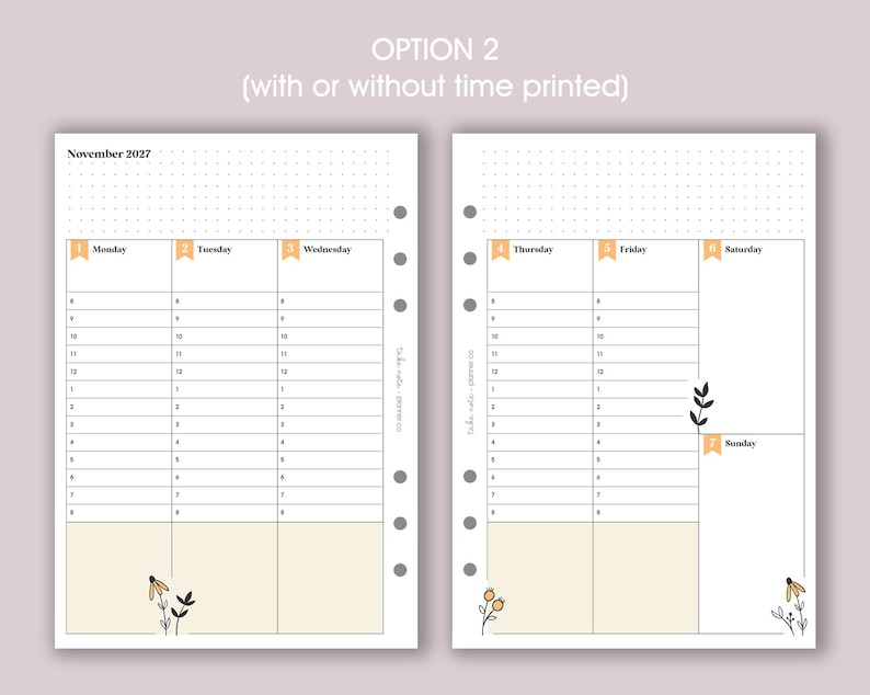 K&ouml;nnte beinhalten: Doppelseitige Planeransicht f&uuml;r November 2027 mit Wochenlayout. Jeder Tag hat st&uuml;ndliche Zeitfenster. Das Design beinhaltet florale Illustrationen und den Text "OPTION 2 (mit oder ohne Zeit gedruckt)".