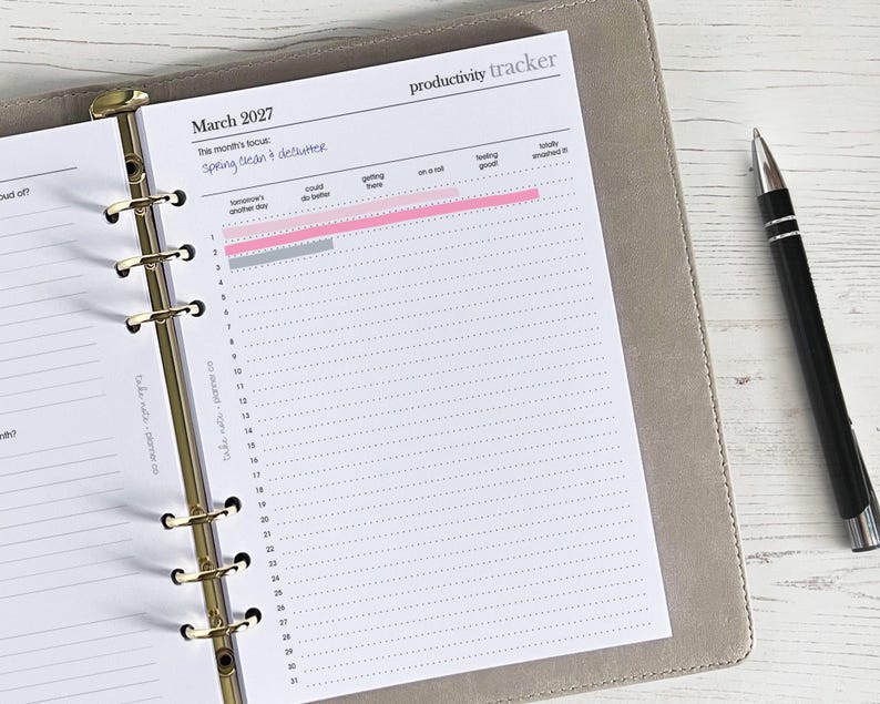 May include: A productivity tracker planner page for March 2027, with a focus on spring cleaning and decluttering. The page is open in a gray binder with gold rings, and a black pen rests on the side. The tracker has pink and gray progress bars.