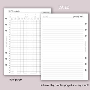May include: A planner insert with a grid layout for tracking in pixels, labeled "2027 in pixels" and "front page." The right page is a lined notes page for January 2027. The text "DATED" and "followed by a notes page for every month" are also visible.