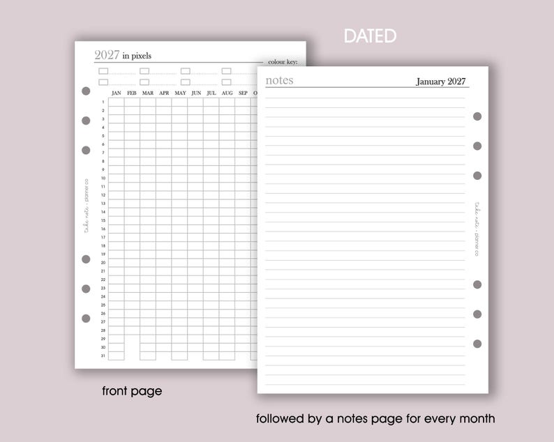 May include: A planner insert with a grid layout for tracking in pixels, labeled "2027 in pixels" and "front page." The right page is a lined notes page for January 2027. The text "DATED" and "followed by a notes page for every month" are also visible.