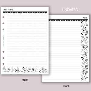 May include: Two-page undated planner inserts. The front page is labeled "Sleep Tracker" with a dotted grid for tracking sleep hours and floral accents. The back page is for "Notes" with lined paper and floral border. Both pages are white.