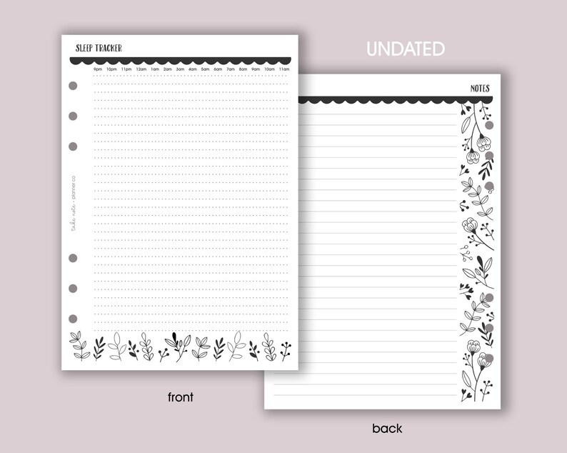 May include: Two-page undated planner inserts. The front page is labeled "Sleep Tracker" with a dotted grid for tracking sleep hours and floral accents. The back page is for "Notes" with lined paper and floral border. Both pages are white.