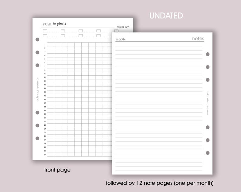 May include: Two-page planner insert with the text "year in pixels" and "UNDATED". The left page features a grid for tracking, while the right page is lined for notes. The bottom of the image reads "followed by 12 note pages (one per month)".
