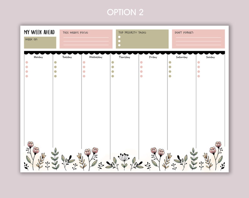 Weekly Planner A4 Deskpad Tear-Off Floral Note Pad option 2