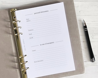 Personal Info Page A5 Planner Insert [minimal:PERSONALINFO]
