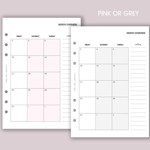 May include: Two planner pages showing a month overview layout. One page has pink accents, the other grey. Each page has a grid for dates, with space for notes. The text "PINK OR GREY" is at the top.