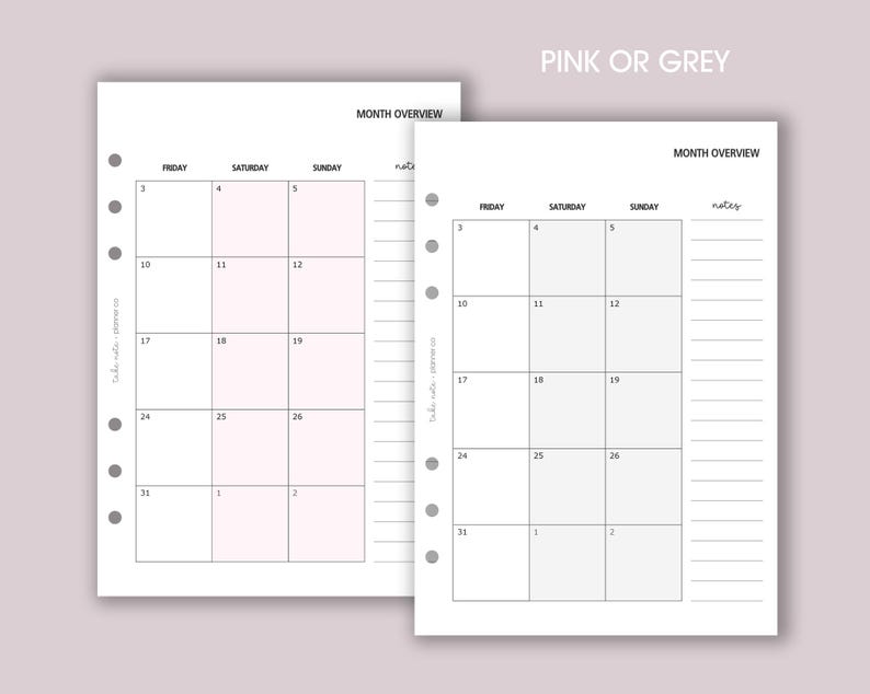 May include: Two planner pages showing a month overview layout. One page has pink accents, the other grey. Each page has a grid for dates, with space for notes. The text "PINK OR GREY" is at the top.