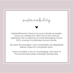 May include: A white card within a frame, featuring the word "sustainability" in cursive, a black heart, and text. The text describes eco-friendly practices, sourcing materials from the UK, FSC-certified paper, and compostable packaging.