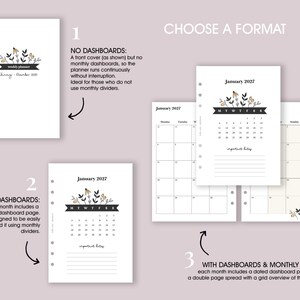K&ouml;nnte beinhalten: Wei&szlig;e Planerseiten mit floralen Akzenten und dem Text "Januar - Dezember 2027". Das Bild zeigt verschiedene Planerformate, einschlie&szlig;lich Optionen mit und ohne Dashboards und Monats&uuml;bersichten. Der Text "W&auml;hlen Sie ein Format" steht oben.