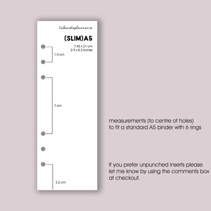 May include: A diagram showing the measurements of a slim A5 size planner with six holes punched for a binder. The measurements are in inches and centimeters. The text reads "(SLIM)A5 7.45 x 21 cm 2.9 x 8.3 inches" and "measurements (to centre of holes) to fit a standard A5 binder with 6 rings".