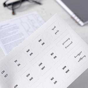 Può includere: Schede di pianificazione bianche con etichette scritte a mano per mesi, obiettivi, finanze e benessere. Le schede sono disposte a griglia, con un taccuino e occhiali sullo sfondo.