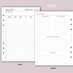 May include: A two-page planner spread with the text "January 2027" and "productivity tracker." The left page is labeled "front" and has a calendar layout. The right page, labeled "back," includes sections for a summary of the month.