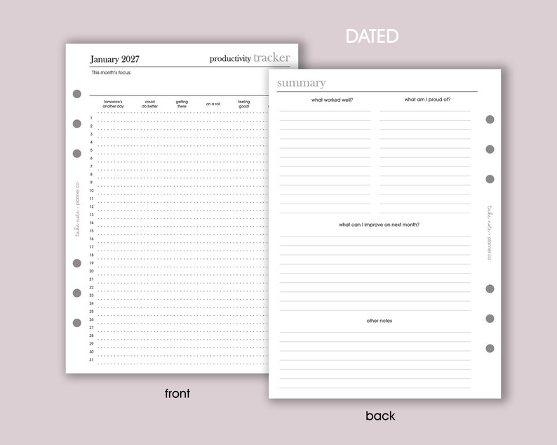 May include: A two-page planner spread with the text "January 2027" and "productivity tracker." The left page is labeled "front" and has a calendar layout. The right page, labeled "back," includes sections for a summary of the month.